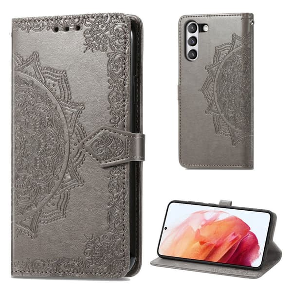 Mandala läder Samsung Galaxy S21 FE fodral - Silver/Grå Silvergrå