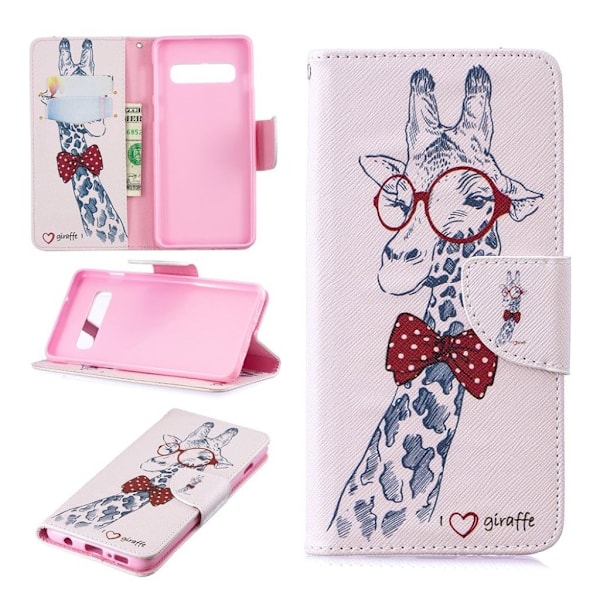 Samsung Galaxy S10 trykt mønster læder flip etui - Giraf med Briller Multicolor