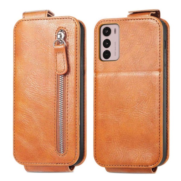 Vertical Flip Phone Etui med Zipper til Motorola Moto G42 - Brun Brown