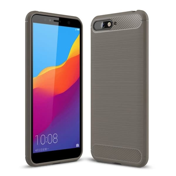 Huawei Y6 (2018) mobiletui i silikone- og plastik med en børstet overfalde samt carbon struktur - Grå Silver grey