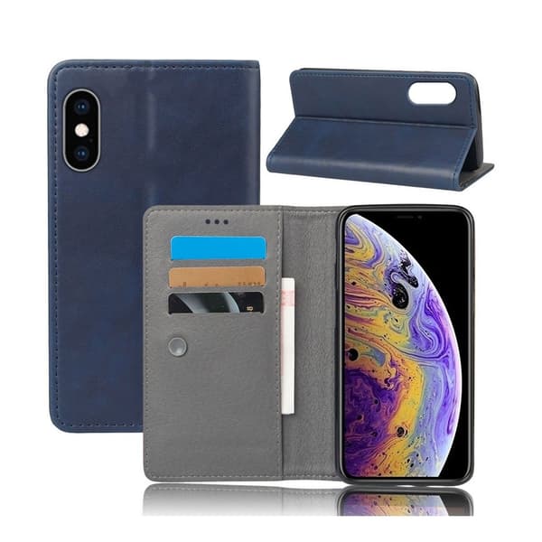 Crazy Horse iPhone Xs Max læder flip cover - Blå Blue
