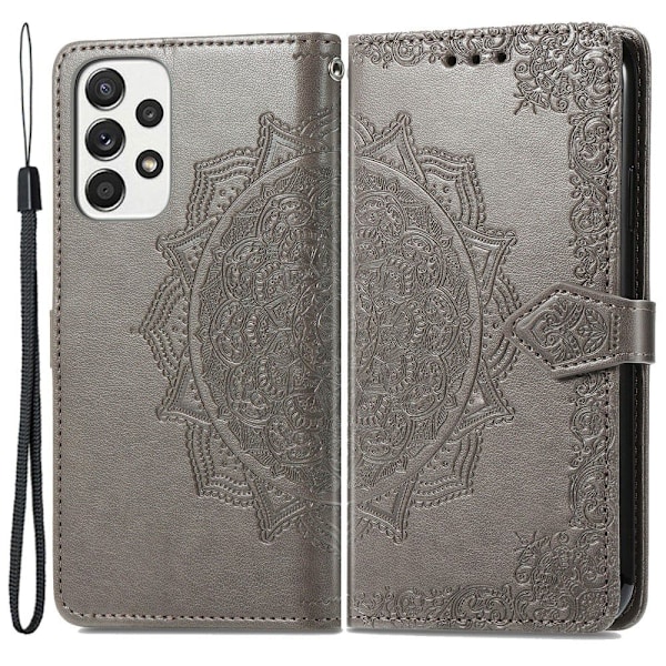 Mandala Samsung Galaxy A73 nahkakotelo - Harmaa Silver grey