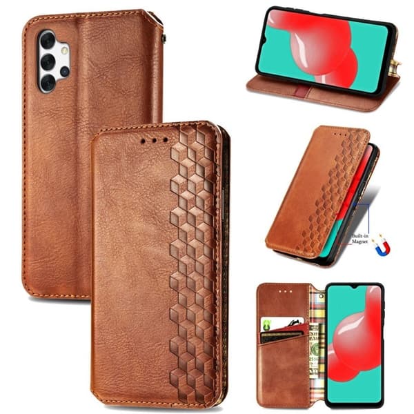 Läder Samsung Galaxy A32 fodral med romb-design - Brun Brun
