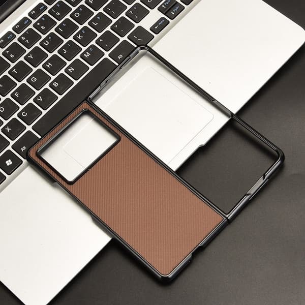 TECNO Phantom V Fold2 Case Carbon Fiber Texture Shockproof Vegan Leather Phone Cover - Brown Brown