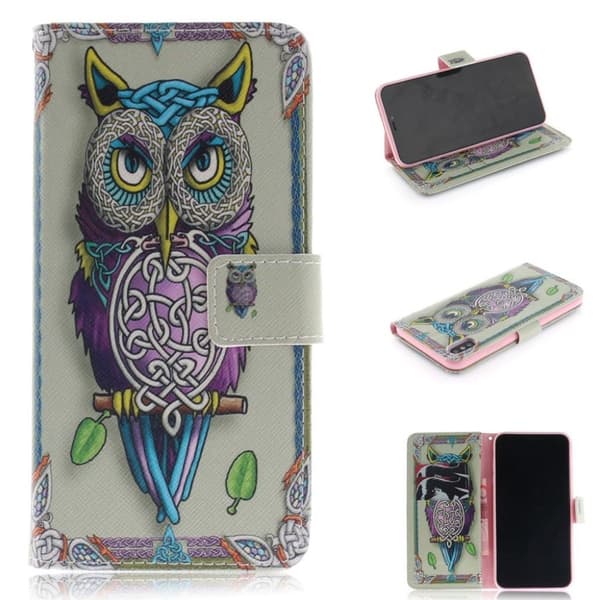iPhone Xs Max mønstret læder flip cover - Farverig Ugle Multicolor