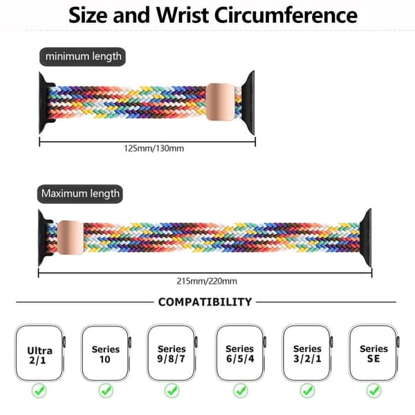 KALEBOL Flätat klockarmband Apple Watch Series 10 46mm Magnetiska nylonarmband - Vit Regnbåge multifärg