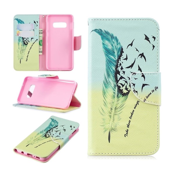 Samsung Galaxy S10e trykt mønster læder flip etui - Fjer Multicolor