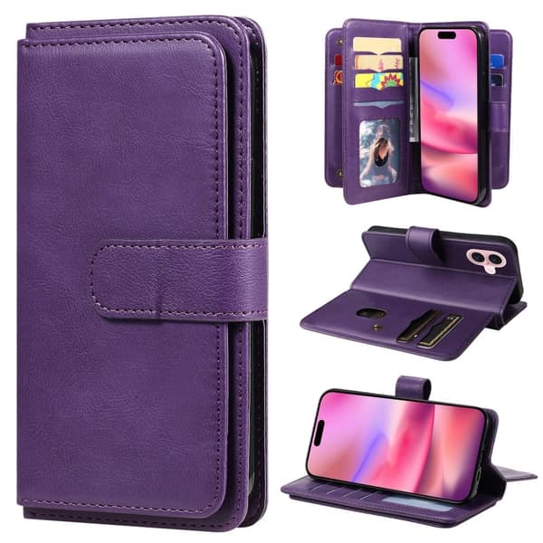 iPhone 16 etui med pung & 10 kortpladser - Lilla Purple