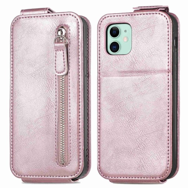 Vertical Flip Phone Suojakotelo With Zipper For iPhone 12 Mini - Ruusukulta Pink