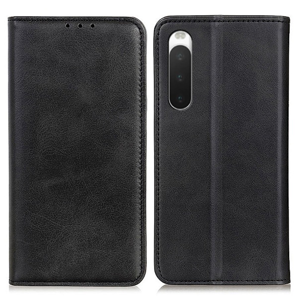 Flip Etui med Pung i Ægte Læder til Sony Xperia 10 V - Sort Black