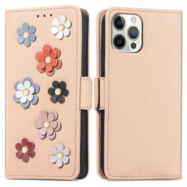 Blødt iPhone 12 Pro Max læderetui med blomsterdekoration - Brun Brown