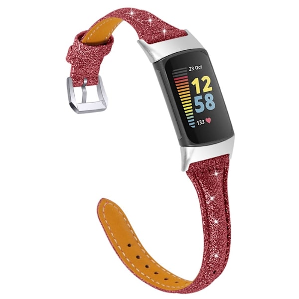 Fitbit Charge 5 slim urrem i ægte læder - Glitrende Rød Red