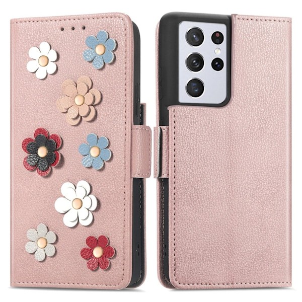 Mjukt läder Samsung Galaxy S21 Ultra 5G fodral med blomdekor - Roséguld Rosa