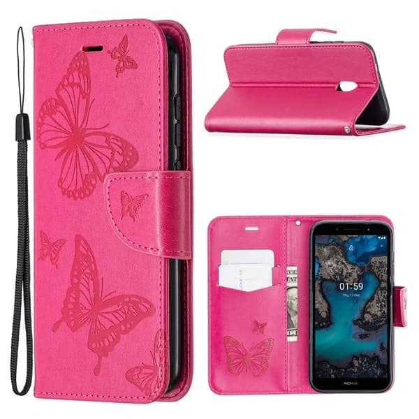 Butterfly Nokia C1 Plus skinnveske - Rose Pink