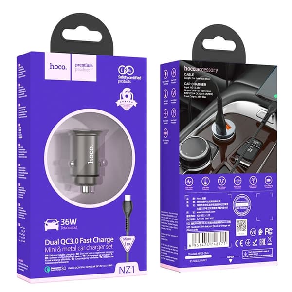 NZ1 Utvikler 36W dobbelport QC3.0 billader sett (Micro) - Metallgrå Silver grey