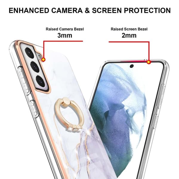 Marble Mønstret Deksel med Ring Holder til Samsung Galaxy S21 FE - Hvit Klinkekule Haze White