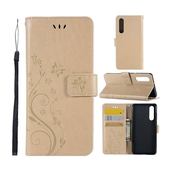Huawei P30 sommerfugle- og blomstertryk læder flip etui - Guld Gold