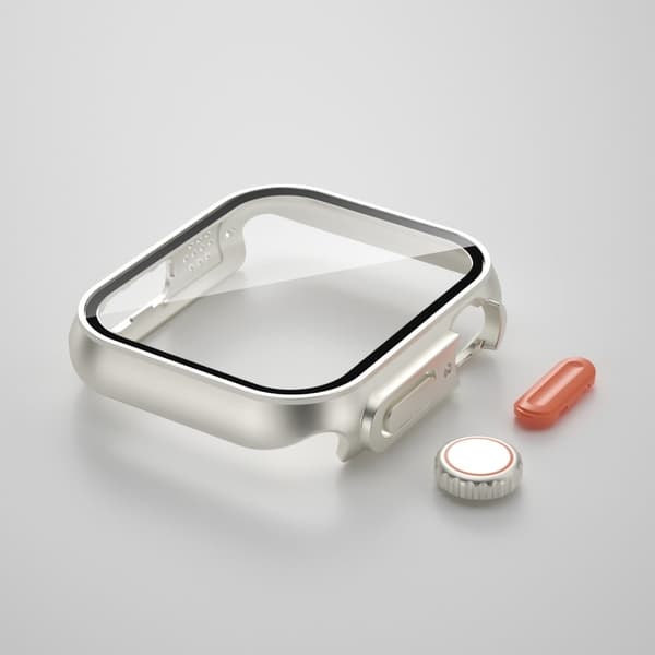 Apple Watch Series 8 (45mm) / 7 (45mm) cover with tempered glass screen protector - Starlight Silver / Orange Silvergrå