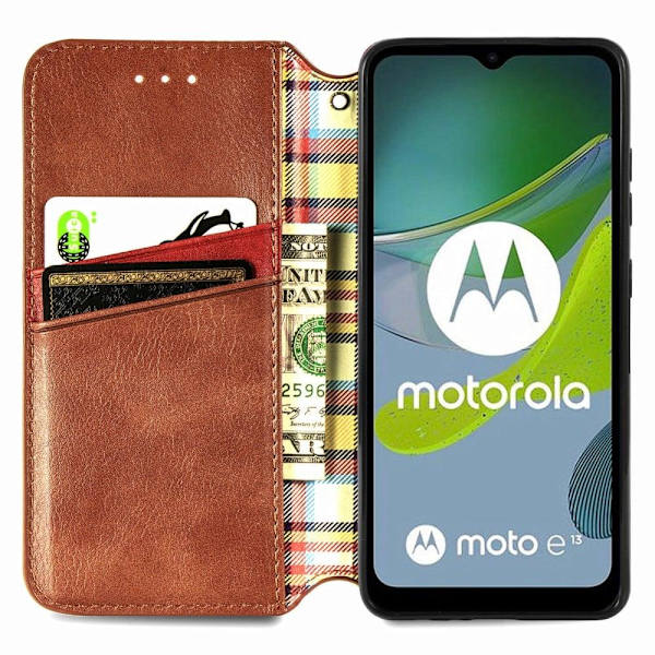 Læder Etui med A Stilfuldt Rhombus Tryk til Motorola Moto E13 - Brun Brown