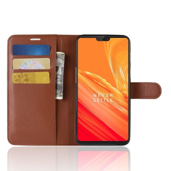 OnePlus 6 mobilfodral PU läder skyddande stående läge plånbok litchi textur - Brun Brun