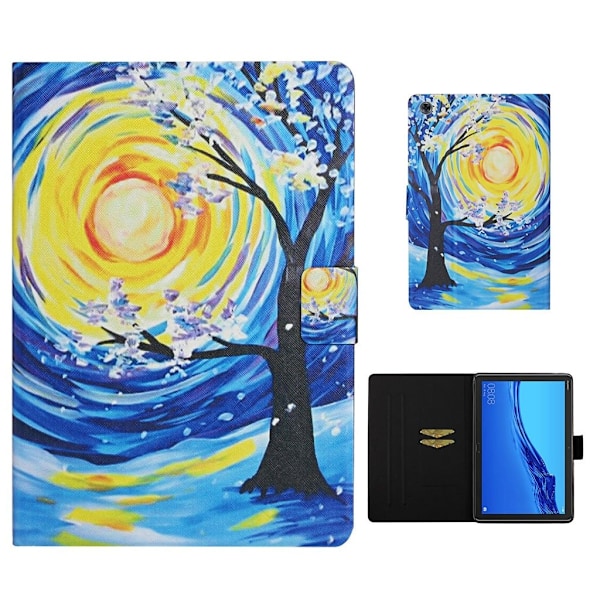 Huawei MediaPad M5 Lite 10 mønster læderflip etui - Træ Og Måne Multicolor