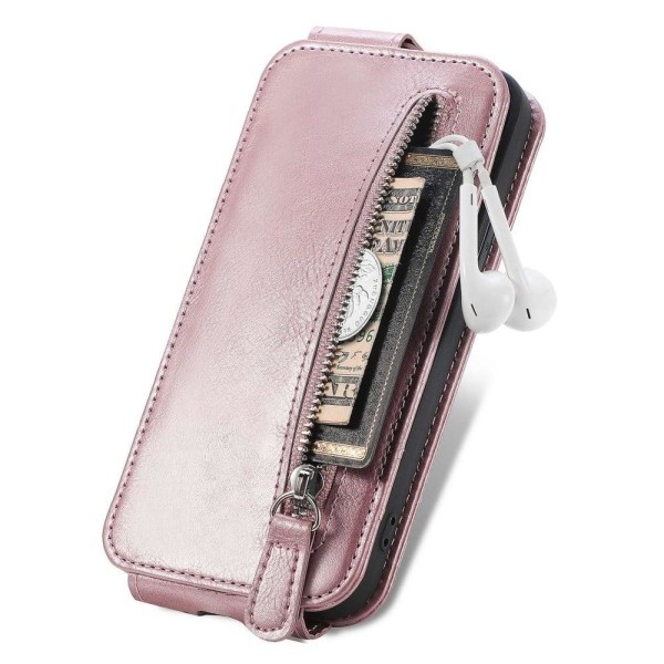 Vertical Flip Phone Suojakotelo With Zipper For iPhone 13 Pro - Pink