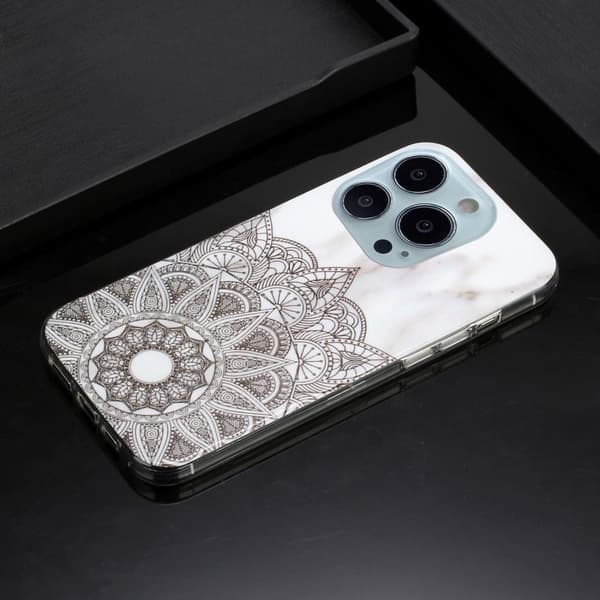 Marble iPhone 14 Pro Max Suojakotelo - Mandala Flower / Marble Silver grey