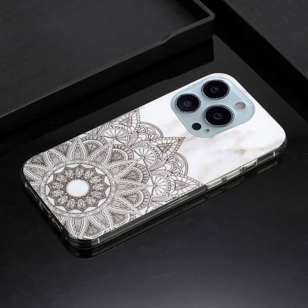 Marmormotiv iPhone 14 Pro Max skal - Mandala Blomma / Marmor Silvergrå