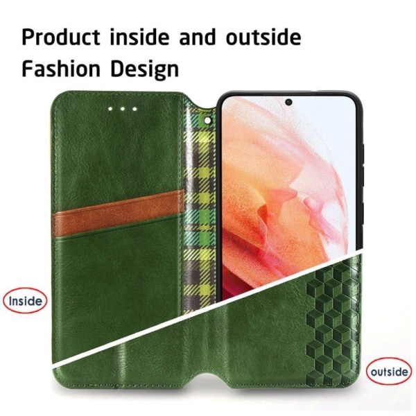 Nahkakotelo With A Stylish Rhombus Imprint For Samsung Galaxy S21 FE - Vihreä Green