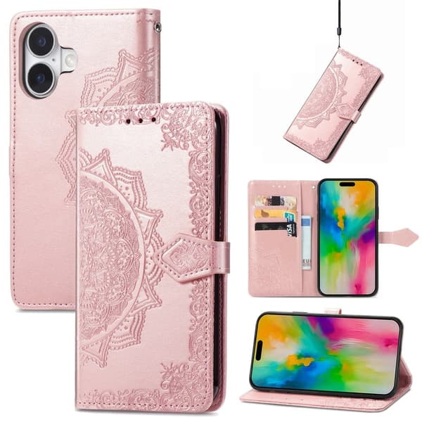 Mandala iPhone 16 læderetui - Rødguld Pink