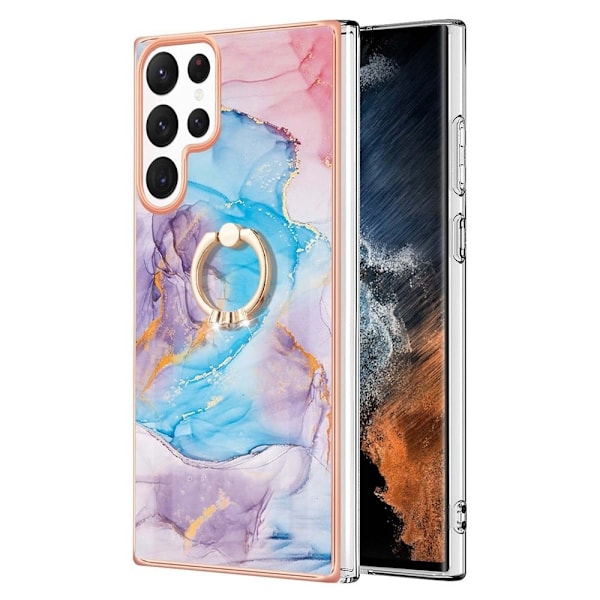 Marble Mønstret Cover med Ring Holder til Samsung Galaxy S22 Ultra - Milky Way Marmor Blue Multicolor