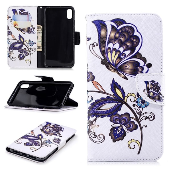 iPhone XS Max mobilfodral silikon konstläder stående plånbok - Fjäril och blomma multifärg