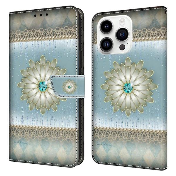 iPhone 16 Pro Plånboksfodral Mönster Tryck Stativ Läder Flip Telefonskal - Blå Diamantblomma Blå