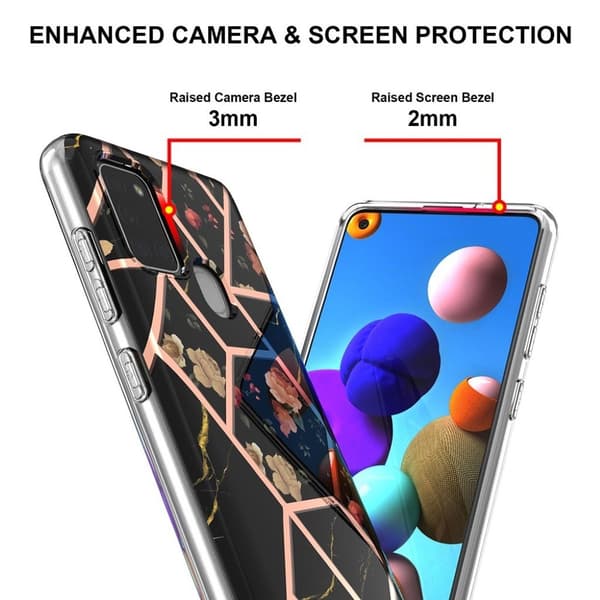 Marble Samsung Galaxy A21s Suojakotelo - Musta Marble / Flower Multicolor