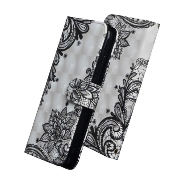 iPhone Xr læder flip cover med mønsterprint - Sort Blomst Black