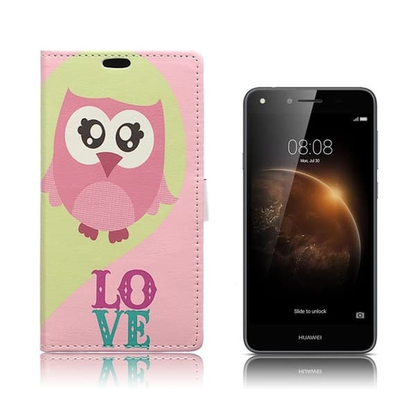 Huawei Y6II Compact etui av lær m/ mønster - Ugle og Love Multicolor