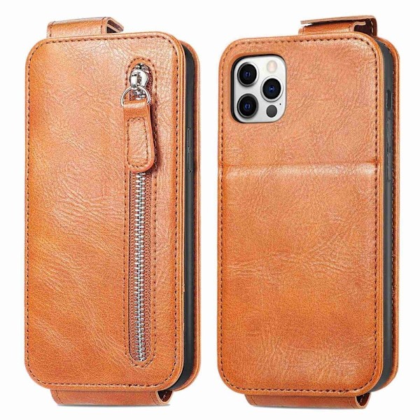 Lodret iPhone 12 / iPhone 12 Pro flip etui med lynlås - Brun Brown
