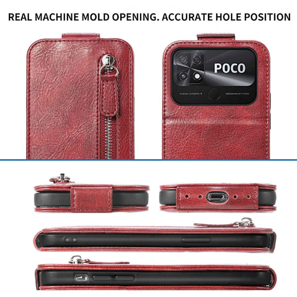 Vertical Flip Phone Suojakotelo With Zipper For Xiaomi Poco C40 - Punainen Blue