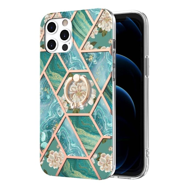 Marble Mønstret Deksel med Ring Holder til iPhone 12 Pro Max - Blåe Blomster Blue