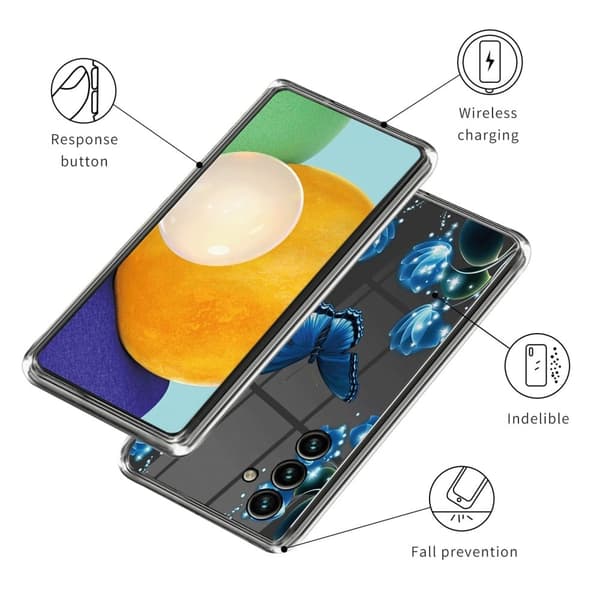 Deco Samsung Galaxy M14 Suojakotelo - Perhonen And Flower Blue