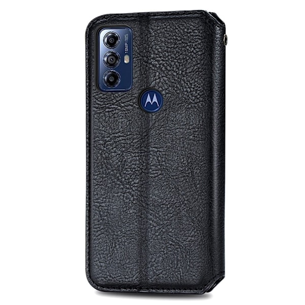 Læder Etui med A Stilfuldt Rhombus Tryk til Motorola Moto G Play (2023) - Sort Black