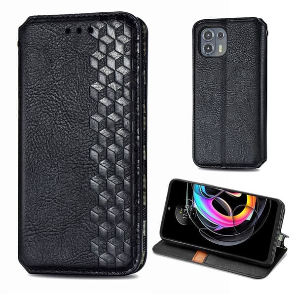 Læder Etui med A Stilfuldt Rhombus Tryk til Motorola Edge 20 Lite - Sort Black