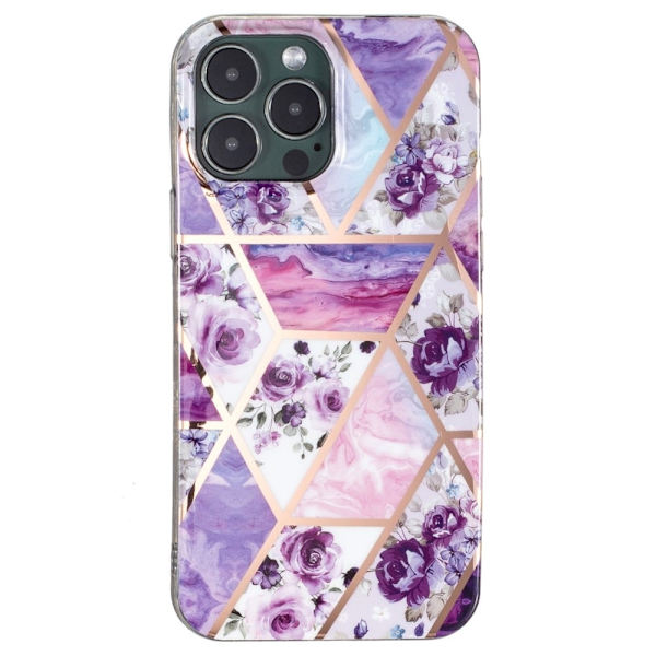 Marble iPhone 15 Pro Max Etui - Lilla Blomster / Marmor Purple