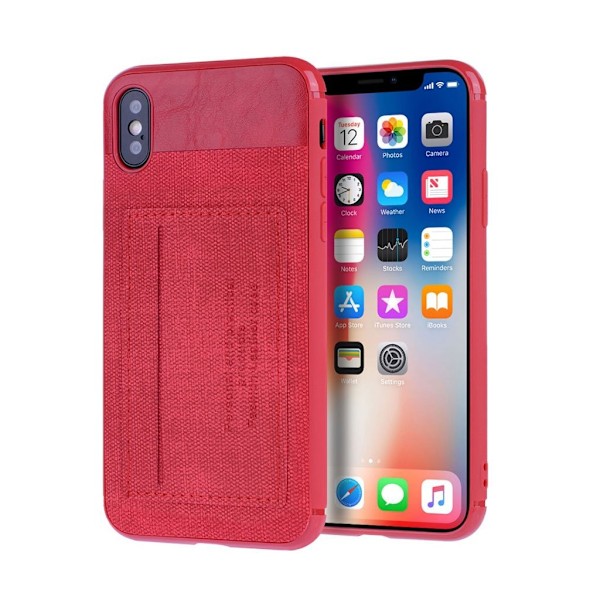 iPhone Xs Max silikooni muovinen takasuoja kuori farkku kangas kortti paikalla - Punainen Red