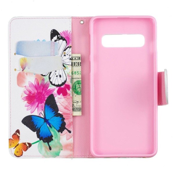 Samsung Galaxy S10 trykt mønster læder flip etui - Sommerfugle og Blomster Multicolor