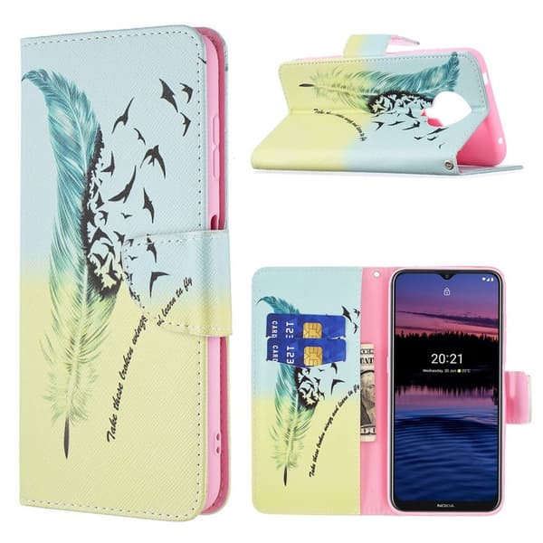 Wonderland Nokia G20 Flip etui - Fjer mønster Multicolor