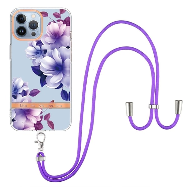 Slankt og holdbart softcover med nøglesnor til iPhone 14 Pro - Hc004 Purple Begonia Purple
