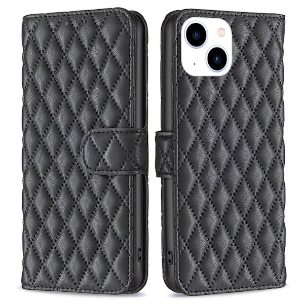 BINFEN COLOR iPhone 14 6.1 inch BF Style-14 Matte Vegansk Læder Imprinted Rhombus Pattern Case Stand Wallet Cover - Sort Black