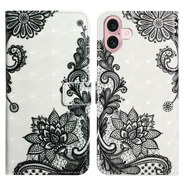 iPhone 16 Etui 3D Creative Pattern Vegansk Læder Stand Phone Cover - Blondeblomst Black