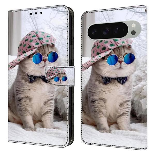 Google Pixel 9 Pro XL plånboksfodral mönstrat tryck stativ läder flip telefonskal - Hattkatt Silvergrå